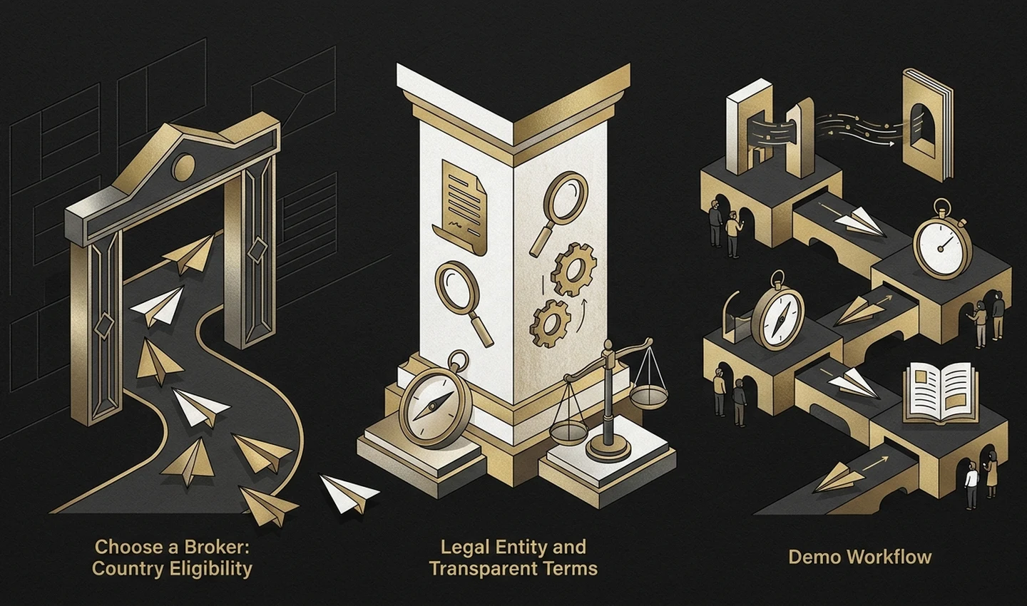 Black and gold editorial illustration of country eligibility, broker checks and a demo trading workflow