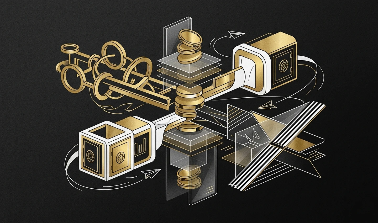 Original black and gold illustration of a crypto exchange hub with token discs and layered order books