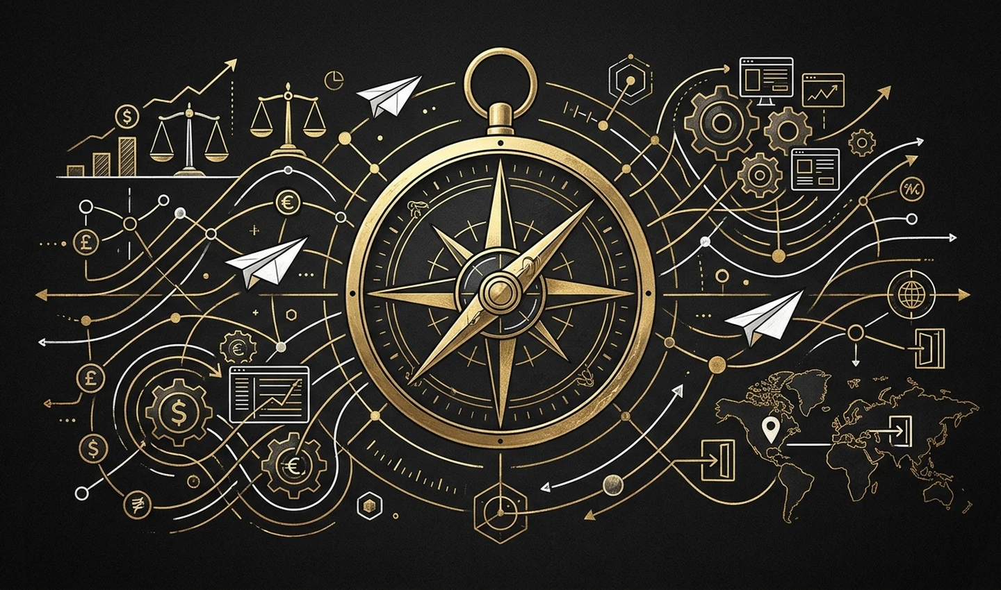 Original gold compass and analytical market network illustrating how to compare forex brokers