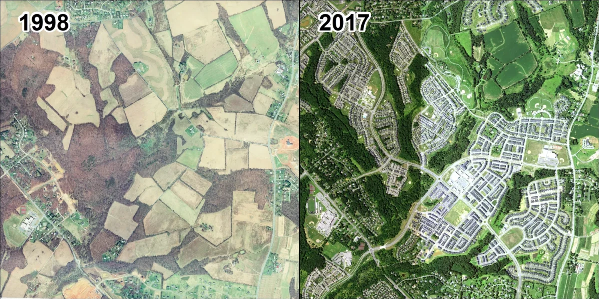 Historical USGS aerial view of suburban development in Clarksburg, Maryland