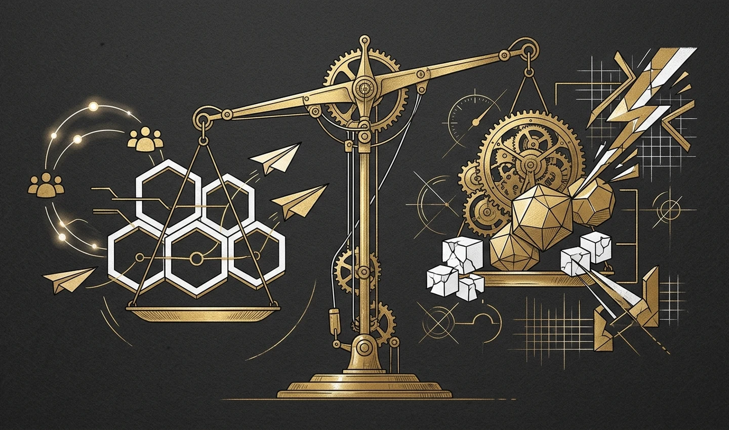 Original black and gold illustration balancing trading-platform convenience against broker terms and execution limitations
